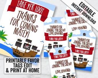 May include: Printable pirate party favor tags with a cartoon pirate ship and the text "Take Yer Loot! Thanks for Joining the Crew! Love, Edward".