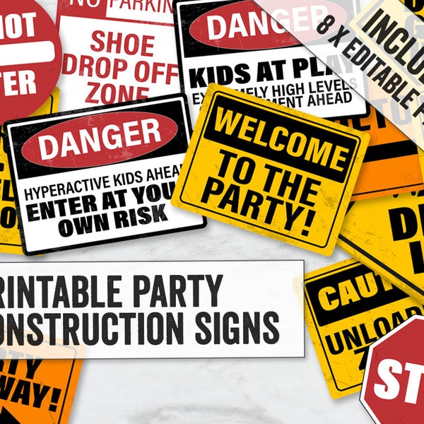 Construction Party Signs Printable, Editable Construction Party Signs, Caution kid's party signs printable, construction signs editable, CN1