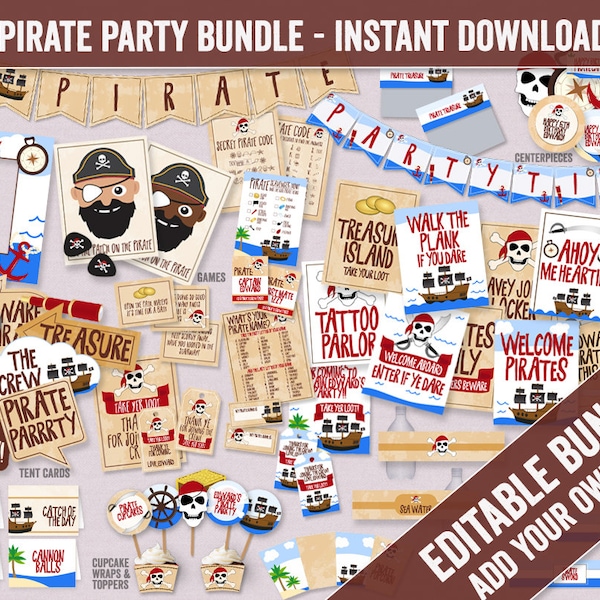 Printable Pirate Party Bundle, Editable Pirate Birthday pack set, Printable pirate themed party decor, digital pirate party ideas, BB10