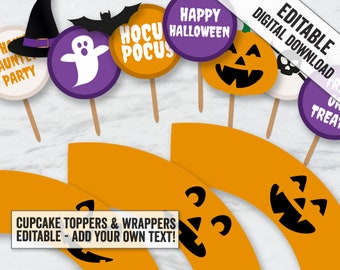 Printable Halloween Cupcake toppers and wrapper template, editable halloween cupcake toppers, halloween party cupcakes, diy cupcakes, HAL