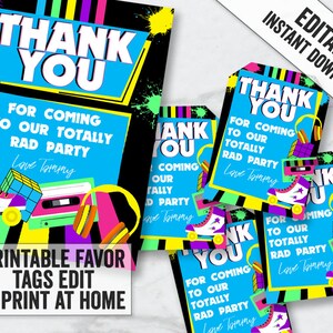 Printable Eighties Party Tags, Editable 80s themed thank you tags, Retro 80s party tags, 80s party decor diy, Printable thank you 80s, ET1
