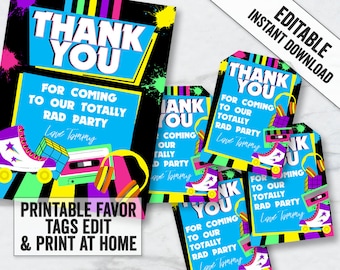 Printable Eighties Party Tags, Editable 80s themed thank you tags, Retro 80s party tags, 80s party decor diy, Printable thank you 80s, ET1