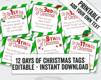 Editable Twelve Days of Christmas Printable Tags, Fun Green Stripe Printable Christmas gift tags, Printable 12 day of Christmas present tags
