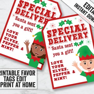 Printable Christmas Elf Tags, Printable elf christmas special delivery tags, elf printable tags, digital download christmas elves tags