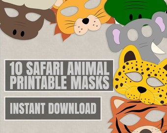 10 Safari Animal Mask Printables, kindersafarimaskers, afdrukbare ideeën voor kinderen, instant download kinderambacht diy tijgermasker, leeuw, luipaard