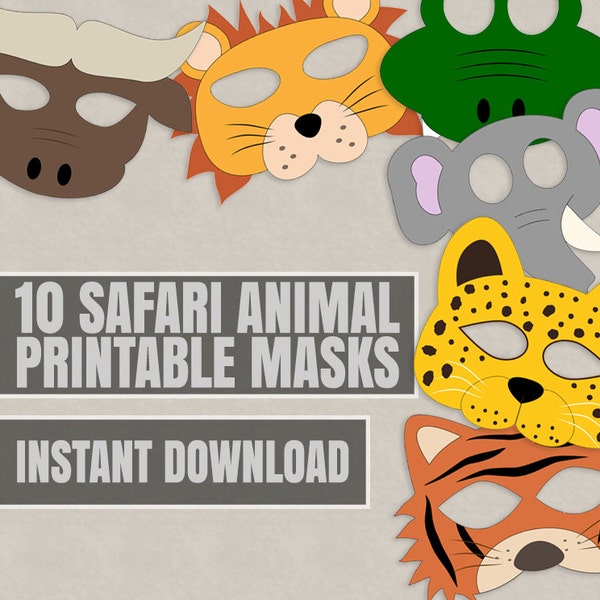 10 Safari Tier Maske Printables, Safari Masken für Kinder, druckbare Ideen für Kinder, sofortiger Download Kinder Handwerk DIY Tiger Maske, Löwe, Leopard