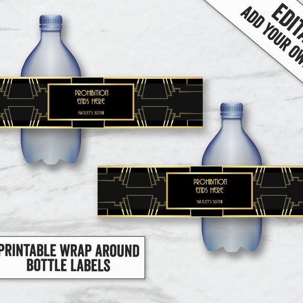 Printable Gatsby Bottle Wrap, Editable 1920s themed party water bottle labels, twenties party labels, add your text bottle label wraps, GG1