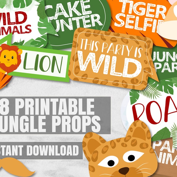 38 Jungle Party Photo Booth Props, Printable Jungle themed party props, Printable Safari party, photobooth sign for jungle safari party JS1