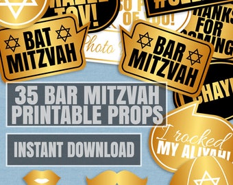 35 Bar Mitzvah party props, Bat Mitzvah photo booth props, black and gold, photo booth prop printables, selfie props for bar Mitzvah party