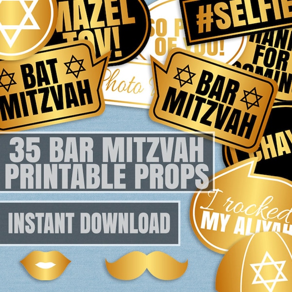 35 Bar Mitzvah party props, Bat Mitzvah photo booth props, black and gold, photo booth prop printables, selfie props for bar Mitzvah party