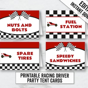 Racing Driver Party Tent Card Printables, Bewerkbare Race Car party plaatskaarten tenten, bewerkbare voedseltentkaarten, rode auto voedseltentenkaarten, RT1