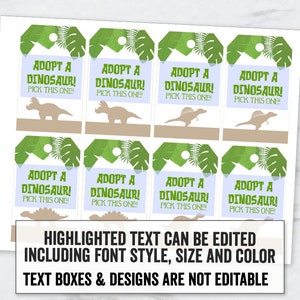 Op de afbeelding: Acht printbare cadeaulabels met een groen bladerontwerp met een dinosaurus silhouet. De labels hebben de tekst "Adopteer een dinosaurus! Kies deze!" erop gedrukt.