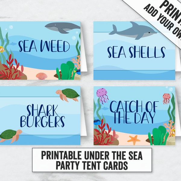 Under the Sea Food Tent Printable, Under the sea party tent cards, Printable ocean place card tents, Printable under the sea tent cards UTS3
