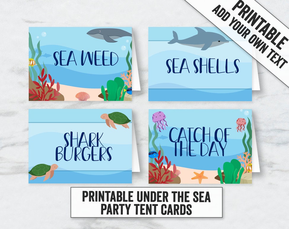 Under the Sea Food Tent Printable, Under the sea party tent cards, Printable ocean place card tents, Printable under the sea tent cards UTS3