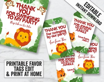 Jungle Party Printable Tags, Thank you favor tags for Jungle Safari Party, Editable jungle thank you tags, editable party favor tags JS1
