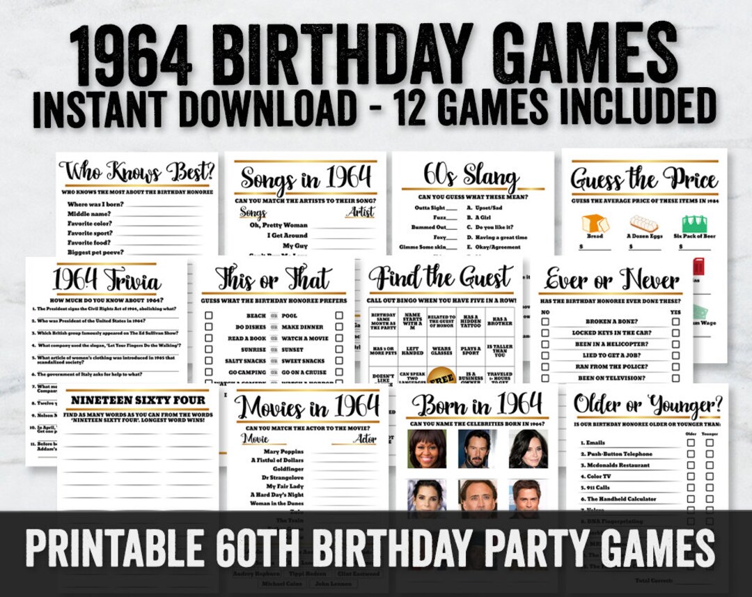 60th Birthday Party Games, Born in 1964 Printable Games, Sixtieth Party ...