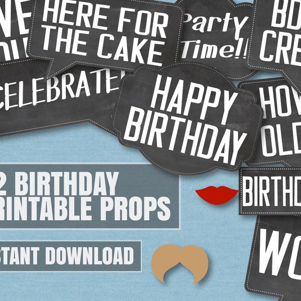 32 Birthday Printable photobooth props, chalkboard photo props, speech bubbles, moustaches photobooth, digital download