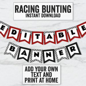 Printable Racing Red Banner, Editable race track party bunting, Any phrase, DIY racing party banner, RT1 editable checkered banner download