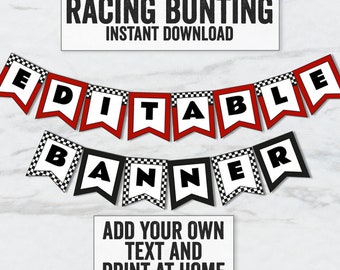 Printable Racing Red Banner, Editable race track party bunting, Any phrase, DIY racing party banner, RT1 editable checkered banner download