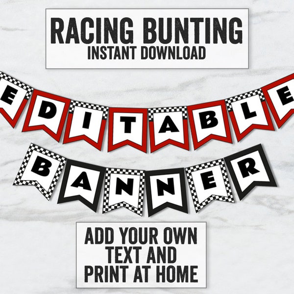 Printable Racing Red Banner, Editable race track party bunting, Any phrase, DIY racing party banner, RT1 editable checkered banner download