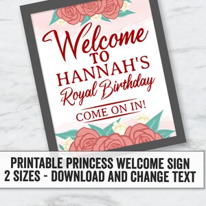 Princess Party Welcome Sign Printable, Editable Princess welcome sign, Pink birthday girl&#39;s princess sign, princess party decor diy, PC1