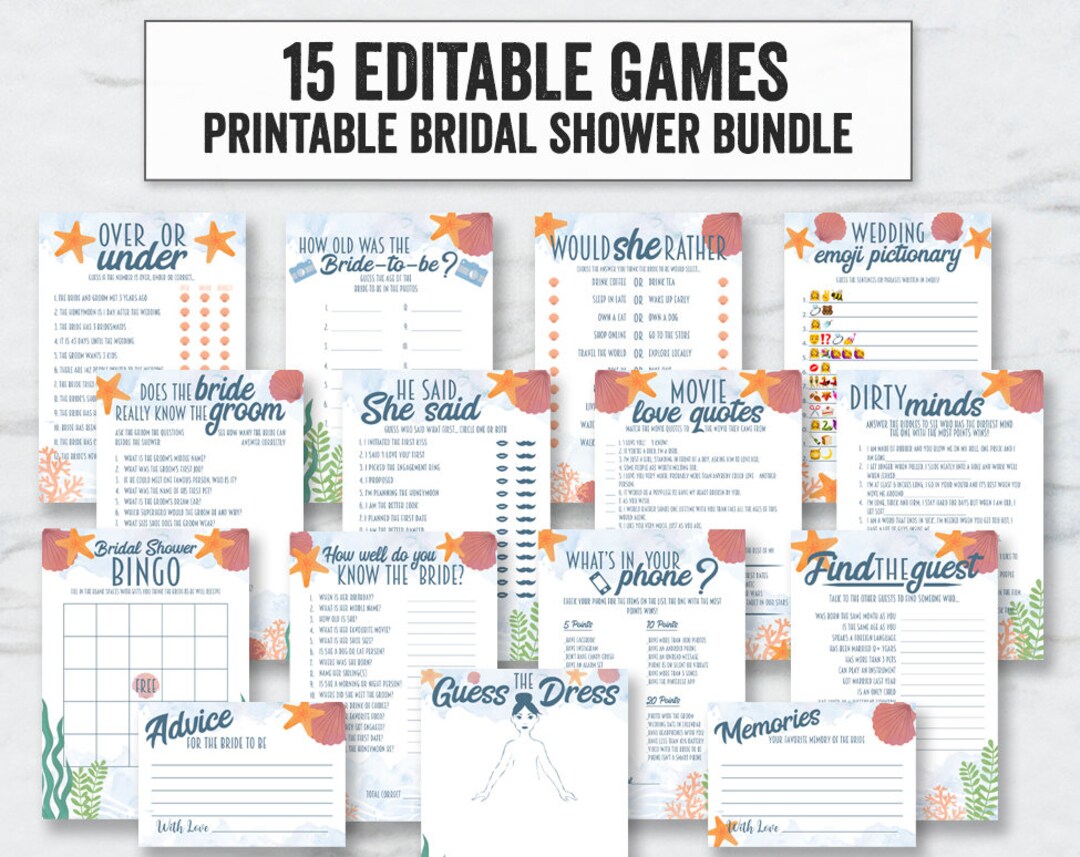 Editable Beach Bridal Shower Game Bundle, Edit and Print Your Bridal ...