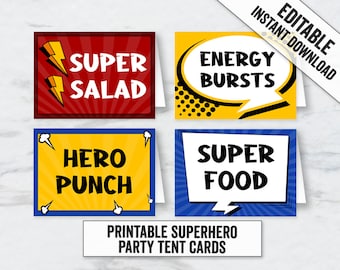 Superhero Party Tent Card Printables, Editable Super hero place cards tents, editable superhero food tent cards, comic book tent cards, SH1