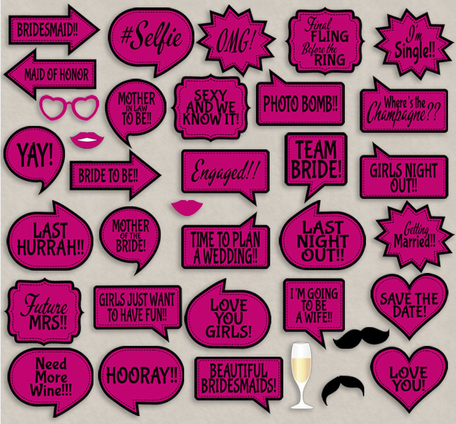 35 Pink Bridal Shower Printable Photo Props Bridal Photobooth | Etsy