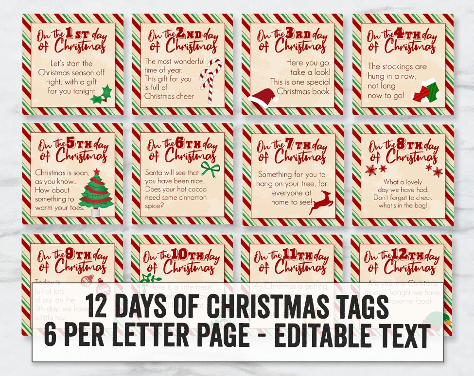 12 Days of Christmas Editable Tags Printable 12 Days of - Etsy