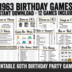 Né en 1963 Jeux imprimables, jeux de fête du 60e anniversaire, quiz du jeu de fête du soixantième, 1963 jeux de fête imprimables, idées de quiz de bricolage pour le 60e anniversaire