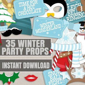 35 accesorios de fotomatón de Winter Wonderland, accesorios de fiesta de invierno, fiesta de vacaciones de invierno imprimible, país de las maravillas invernal, fiesta de Navidad diy azul
