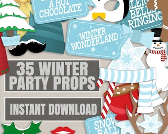 35 Winter Wonderland photobooth props, winter party props, printable winter holidays party, wintery wonderland, diy christmas party blue