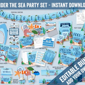 Puede incluir: Un conjunto de decoraciones de fiesta imprimibles con el tema "Bajo el Mar". Incluye pancartas, letreros, adornos para cupcakes y accesorios fotográficos con criaturas marinas. El texto "Under the Sea Party Set" es visible.