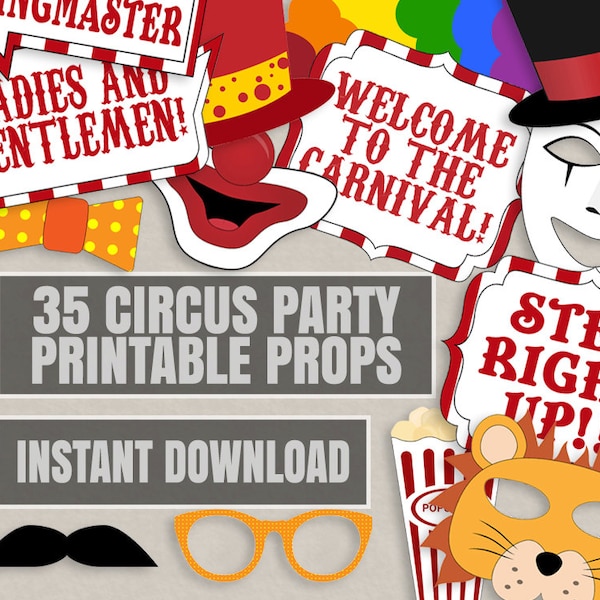 35 Carnival Party Photo Booth Props, Circus themed party props, love circus party photobooth sign, carnival party props, clown diy party