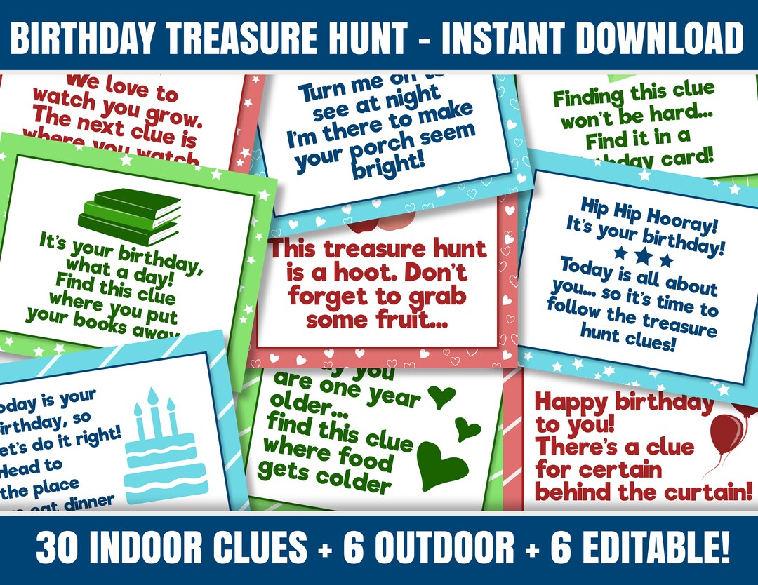 Printable Treasure Hunt Clues, Birthday Colorful Themed Scavenger Hunt ...