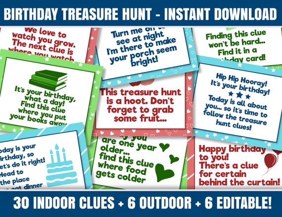 Printable Treasure Hunt Clues Birthday Colorful Themed | Etsy
