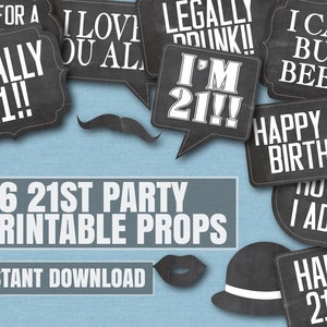 35 21st Brithday Party Props, Printable Props 21st Birthday Photobooth prop, diy digital chalkboard birthday party selfie props, pngs