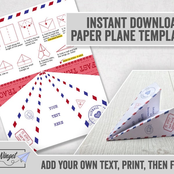 Plantilla de avión de papel de avión, plantilla de tarjeta de avión editable, idea de tarjeta divertida, avión de papel editable, descarga digital, tarjeta de avión plegada DIY
