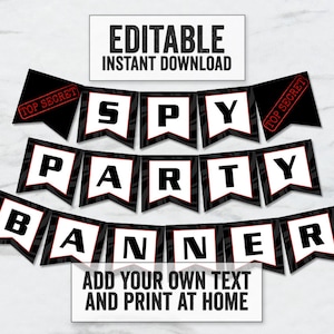 Spy Banner Printable, Editable secret agent party bunting, Any phrase, DIY spy party banner, kid&#39;s secret agent party editable banner, SA1