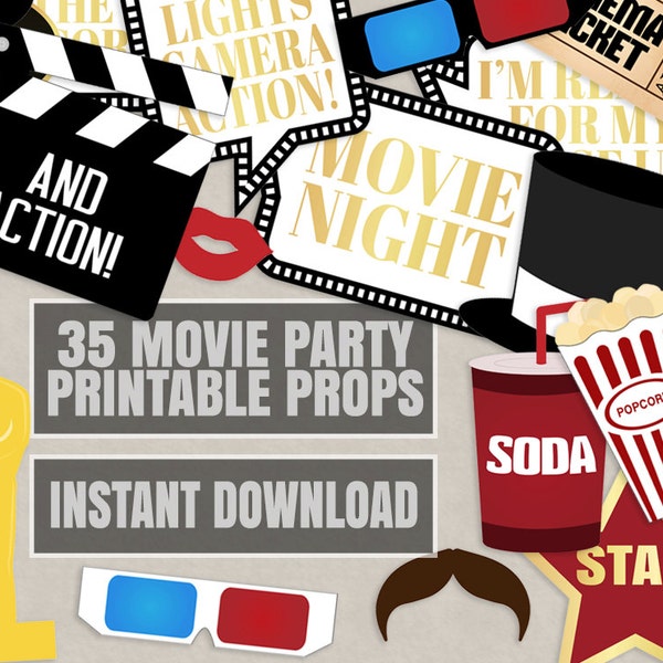 35 Movie Night Party Props, Hollywood Photo booth party prop ideas, old cinema party props, movie night in decor, oscar awards evening props