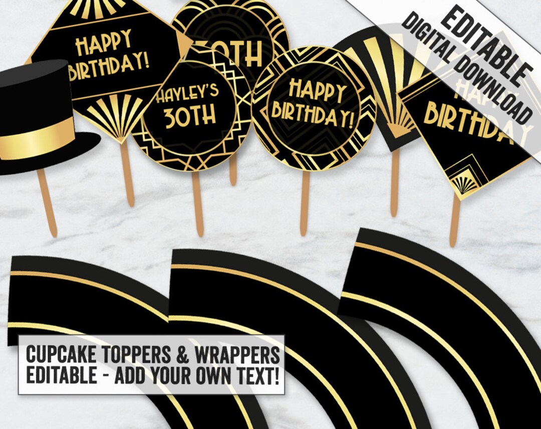 Printable Gatsby Cupcake Toppers and Wrapper Template, Editable 1920s ...