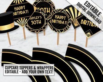 Printable Gatsby Cupcake toppers and wrapper template, editable 1920s cupcake toppers, Printable Roaring Twenties party cupcake decor, GG1