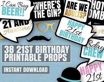 38 Printable 21st Birthday props, twenty first photo booth props, photobooth 21st props, 21 bday party props, 21st Selfie digital props