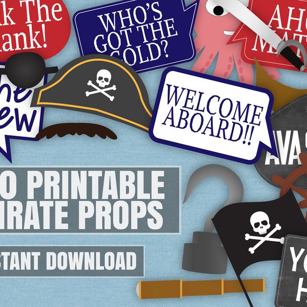 Printable Pirate Party Photo Booth Props, Digital download nautical props, pirate party ideas, instant download props for pirate party decor