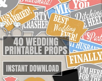40 Wedding photo booth props, wedding day selfie props, photobooth selfies, speech bubbles, colorful wedding props, wedding reception ideas
