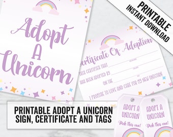 Printable Adopt a unicorn party game, Unicorn Party Tags, Unicorn sign printable, unicorn certificate of adoption, adopt a unicorn sign, UC1