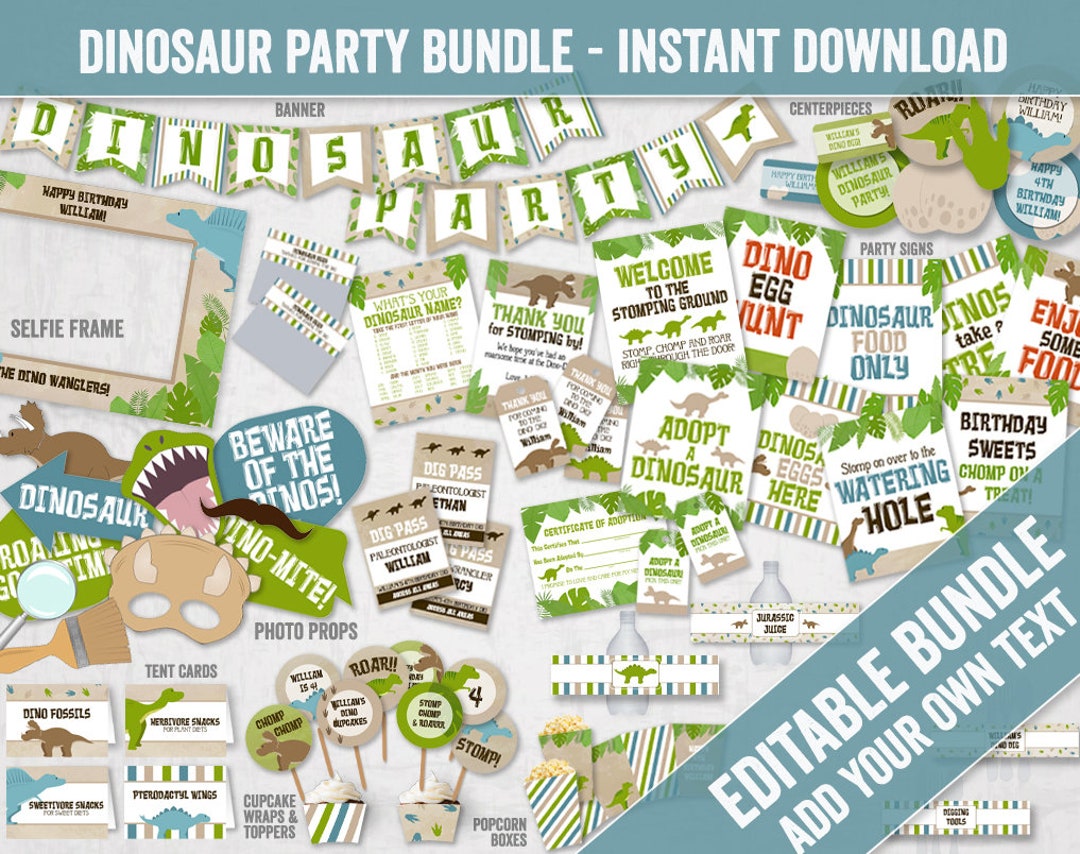 Printable Dinosaur Party Decorations, Dino Diy Party Decor, Editable