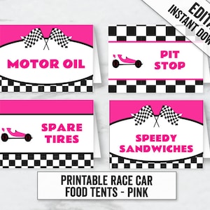 Roze afdrukbare Racing Driver Party Tent Card, bewerkbare roze Race Car party plaatskaarten tenten, bewerkbare roze racewagen, roze autotentenkaarten