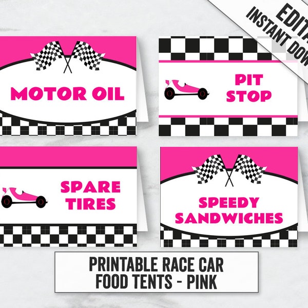 Pink Printable Racing Driver Party Tent Card, Editable Pink Race Car party place cards tents, editable Pink racing car, pink car tents cards