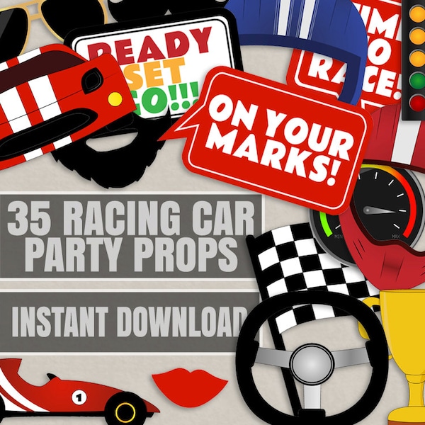 35 Race car themed party photo props, racing car party decor, racing party photobooth props, race car party photo booth printable, diy cars